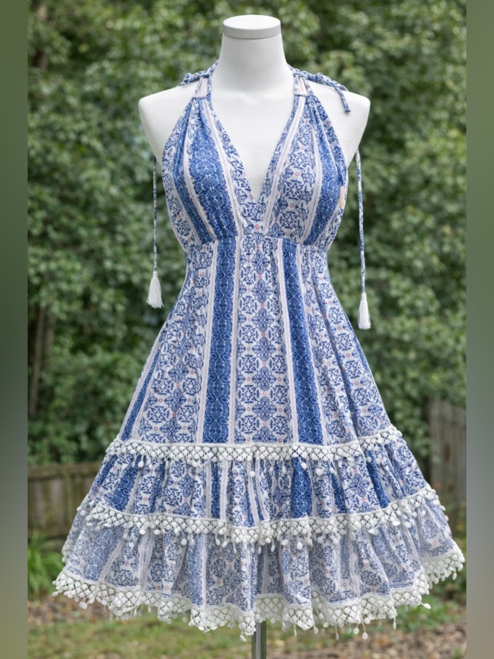 Boho Blue & White Printed Sundress Pom Pom Trim Tie Strap Size L